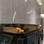 Three-Door Sideboard with Dark Blue High-Gloss Lacquer Panels Gold Metal Trim Natural Marble Top and Polished Gold Stainless Steel Base